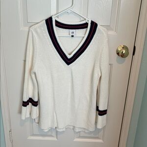 CAbi White V-Neck Sweater with Black and Red Stripes